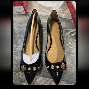 Tory Burch Kira Stud Flat Black Crinkle Glossy Leather 8.5 NIB
